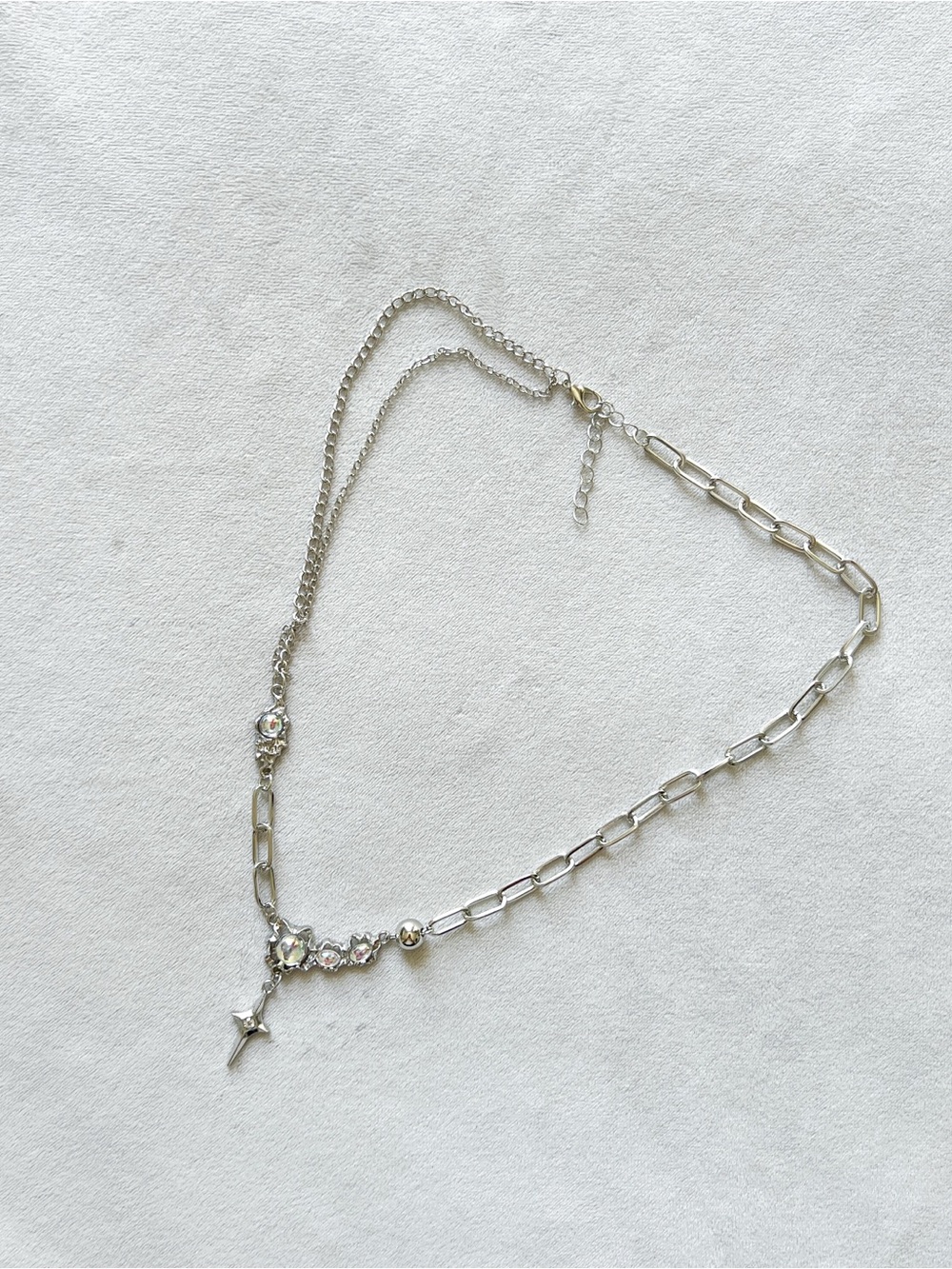 Silver Crystal Star Pendant Layered Chain Necklace
